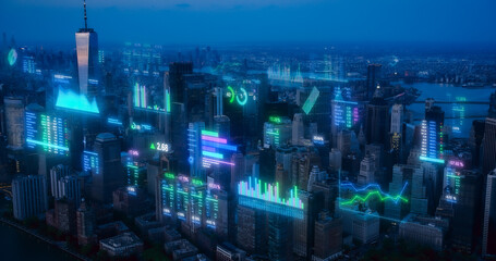 Modern Smart City Concept: Aerial Helicopter Footage of New York City with Animated Digitization Visuals Over Landmark Business Buildings. VFX Data with Graphs, Charts, Urban Analytical Reports