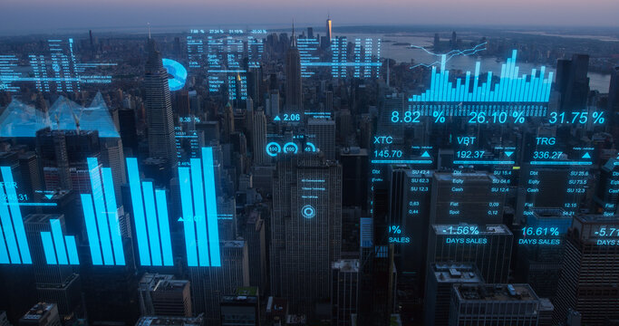 Modern Smart City Concept: Aerial Helicopter Footage of New York City with Animated Digitization Visuals Over Landmark Business Buildings. VFX Data with Graphs, Charts, Urban Analytical Reports