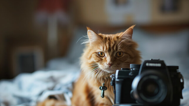 Ginger cat beside a camera on the bed.