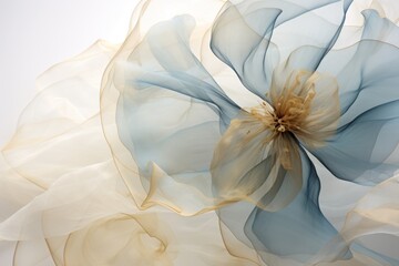  a close up of a blue and white flower on a white background with a blurry image of the petals.