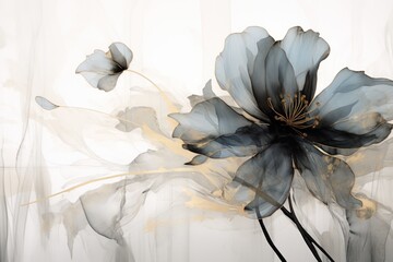  a painting of a blue flower on a white background with a black and yellow flower in the middle of the image.