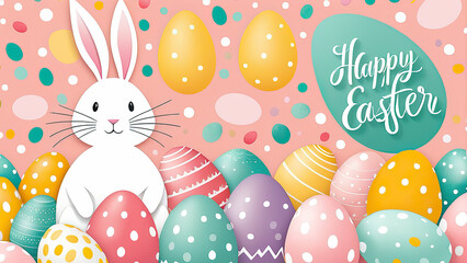 Happy Easter design in modern minimal style, hand-painted Easter eggs, and a silhouette of a bunny