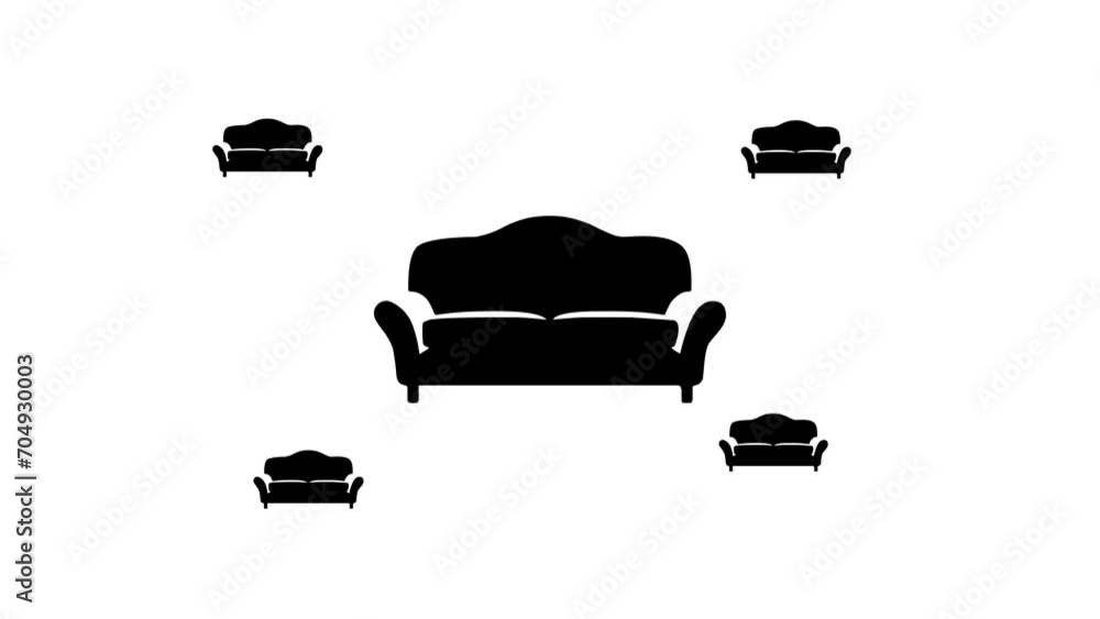 Poster zoom in and out animation the sofa symbol. large black symbol in the center and four small symbols a