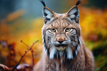 Portrait of an Iberian lynx in the wild looking at camera - obrazy, fototapety, plakaty
