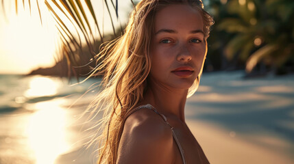 Portrait of a beautiful young woman on a beautiful beach in paradise