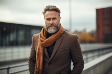 Portrait of a handsome middle-aged man with gray hair and beard wearing a brown coat and scarf.