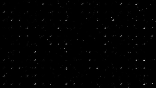 Template animation of evenly spaced goose symbols of different sizes and opacity. Animation of transparency and size. Seamless looped 4k animation on black background with stars