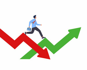 Economic recover from crisis stock market Businessman jump from red pointing down arrow to green rising up.