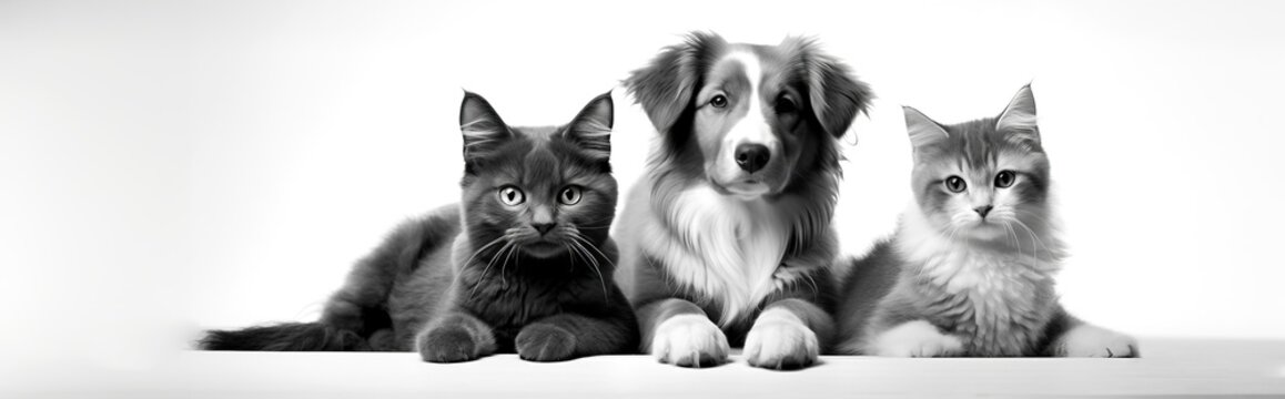 Generated image of a black and white photo of three cats and a dog