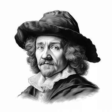 recommend clip art: Black and white vintage engraving, headshot portrait of Rembrandt Harmenszoon van Rijn, the famous Dutch Golden Age painter, printmaker, and draughtsman, white background, greyscale - Generative AI