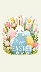 Vertical Happy Easter design, with a cute bunny peeking from behind decorated Easter eggs, surrounded by spring flowers such as tulips and daisies. Copy space.