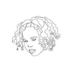 Curly hair pretty girl face line art, isolated vector illustration, tattoo, print and logo design, silhouette single line on white background. 