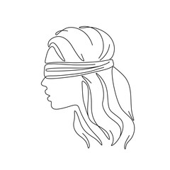 Profile of beautiful girl blindfolded abstract psychology mood closed eyes, line art, isolated vector illustration, tattoo, print and logo design, silhouette single line on white background. 