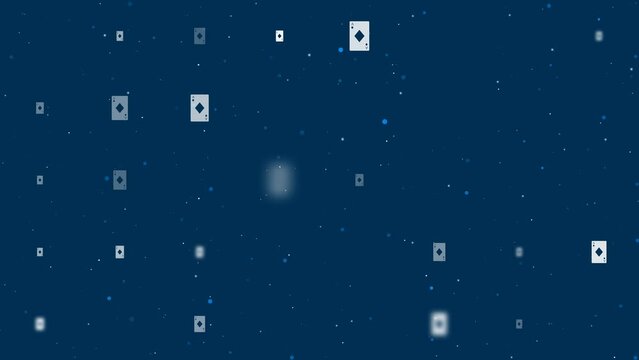 Template animation of evenly spaced ace of diamond cards of different sizes and opacity. Animation of transparency and size. Seamless looped 4k animation on dark blue background with stars