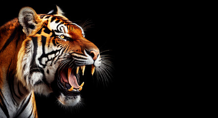 Extreme close-up of a head of a tiger roaring on a black background with copy space. Concept of strength and leadership. Generative Ai. - Powered by Adobe