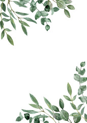 Watercolor botanical frame made of eucalyptus leaves and branches. Green leaf corner border. Floral painting. PNG clipart.