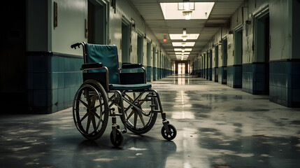 Fototapeta na wymiar An empty wheelchair in an abandoned hospital