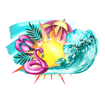 recommend clip art: Holidays at sea. Beach paraphernalia with the scorching sun and sea waves. Hand drawn watercolor illustration. Beach umbrella, flip flops, flamingos. For the design of leaflets, banners, postcards.