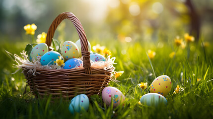 Wicker basket with festively decorated Easter eggs on sunlit green grass, space for text - obrazy, fototapety, plakaty