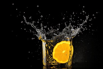  a glass filled with water with a slice of orange in the middle of it and a splash of water on the side of the glass.