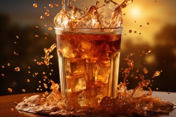  a glass filled with ice and water on top of a wooden table with a splash of water on top of it.