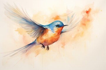 a watercolor painting of a blue and orange bird with its wings spread out, with a light yellow background.