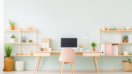 A bright and airy home office with pastel colors light wood furniture and decorative plants.