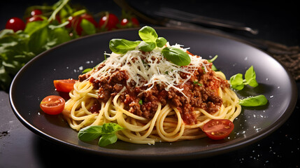 Spaghetti Bolognese with fresh Parmesan as well as green salad