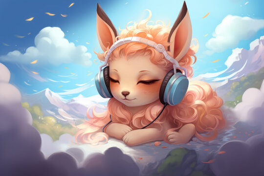  a digital painting of a cute little dog with headphones laying on a cloud with a blue sky in the background.