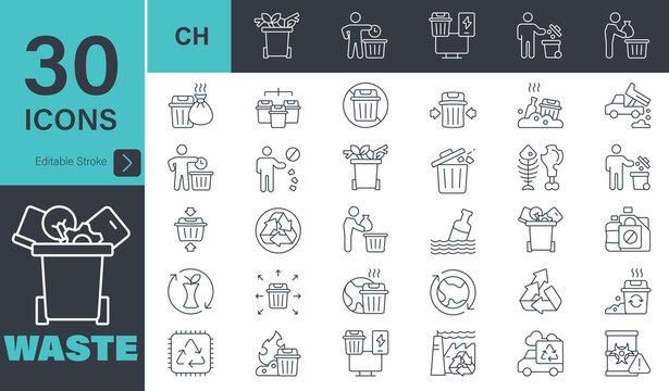 Waste Icons set. 30 editable stroke vector graphic elements, recycling, litter, trash, pollution, landfill, waste management, composting