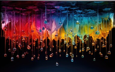 Cascading water droplets transformed into shimmering prisms of vivid color.