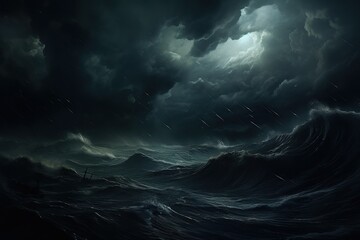  a painting of a boat in a stormy sea with a full moon in the sky above the waves and a boat in the water below it.