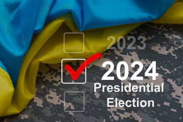 Soldier in military uniform with Ukrainian flag on background, elections in America, closeup