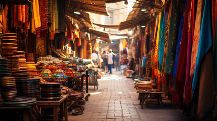 A colorful bazaar in the Middle East brimming with spices and textiles.