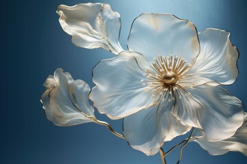  a close up of a white flower on a blue background with sunlight coming through the center of the petals and the center of the petals.