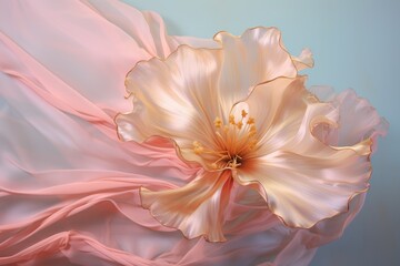  a close up of a pink flower on a blue and pink background with a large flower in the center of the image.