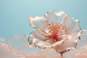  a white flower with a pink center on a blue background with water ripples around it and a pink center on the center of the flower.