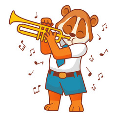 The lori plays the trumpet.Animal musician character.A student to study at a music school on the trumpet.Musical notation.Line art vector illustration.Student in school uniform