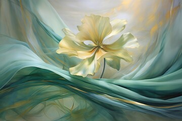  a painting of a yellow flower on a blue and green wave with a yellow center in the middle of the painting.