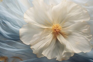  a large white flower sitting on top of a bed of blue and white sheets on top of a bed of blue and white sheets.