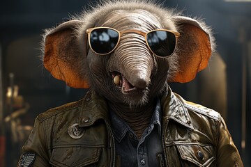  a close up of a person wearing a leather jacket and sunglasses with an elephant's head in the background.