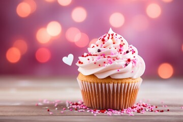  a cupcake with white frosting and sprinkles on a wooden table with a blurry background.