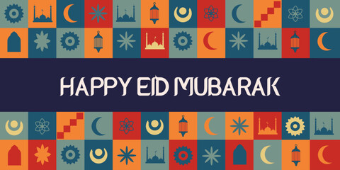 Design Islamic RAMADAN banner in trendy Geometric retro style. Islamic holiday frame with Copy space. Vector illustration can used web poster