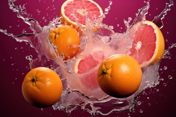  grapefruit, oranges, and grapefruits are splashing into a glass of water on a purple background.