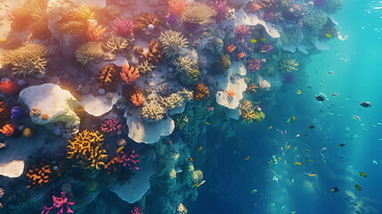 Aerial shot of a colorful coral reef in a tropical ocean teeming with marine life. - obrazy, fototapety, plakaty