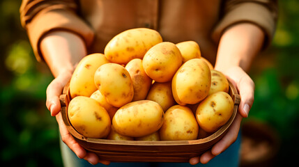 A man holding a box with fresh potatoes. Healthy eating concept. AI generated - 704935650