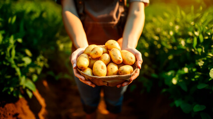 A man holding a box with fresh potatoes. Healthy eating concept. AI generated - 704935662