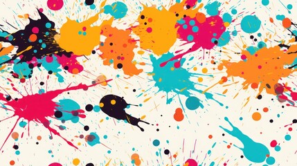  a lot of colorful paint splatters on a white background with a black bird in the center of the splatters.