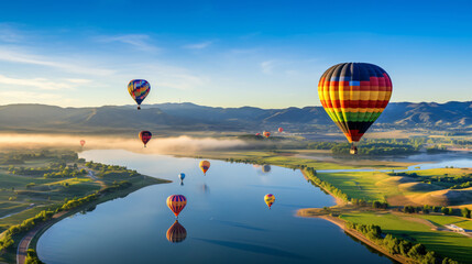 Aerial view of a colorful hot air balloon festival over a scenic landscape.