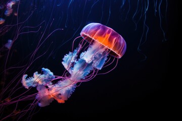  a close up of a jellyfish in the water with blue and red lights on it's back legs.
